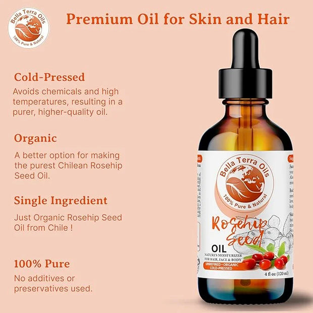 Bella Terra Oils Organic Rosehip Oil for Face, Pure Cold-Pressed Rose Hip Seed Oil for Skin & Hair, Natural Moisturizer & ...