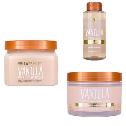 Tree Hut Vanilla Body Care Bundle, Shea Sugar Scrub, Foaming Gel Body Wash & Whipped Body Butter, Exfoliate, Cleanse and M...