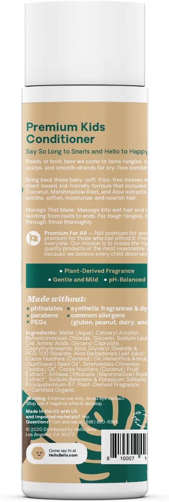 Hello Bello Kid's Conditioner - Hypoallergenic, pH-Balanced & Dermatologist-Tested - Thoughtful Ingredients - Coconut, 10 ...
