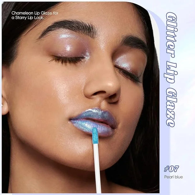 Blue Glitter Lip Gloss Liquid Lipstick, Diamond Shimmer Metallic Sparkly Iridescent Chameleon Lip Gloss Gift for Women, Lo...