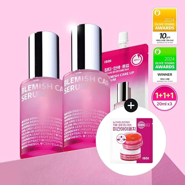 ISOI Blemish Care Up Serum Triple Set, Korean Skin Care for Glass Skin Radiance, Includes 2 Full Size & 1 Refill Serums, E...