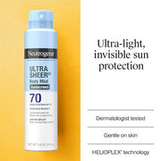 Neutrogena Ultra Sheer Body Mist Sunscreen Spray, Broad Spectrum SPF 70, Lightweight Spray Sunscreen, Non-Greasy & Water R...