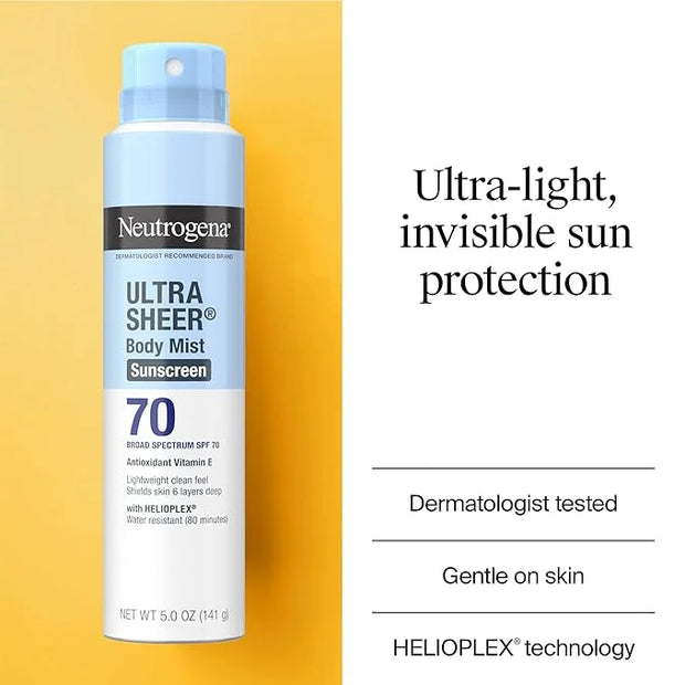 Neutrogena Ultra Sheer Body Mist Sunscreen Spray, Broad Spectrum SPF 70, Lightweight Spray Sunscreen, Non-Greasy & Water R...