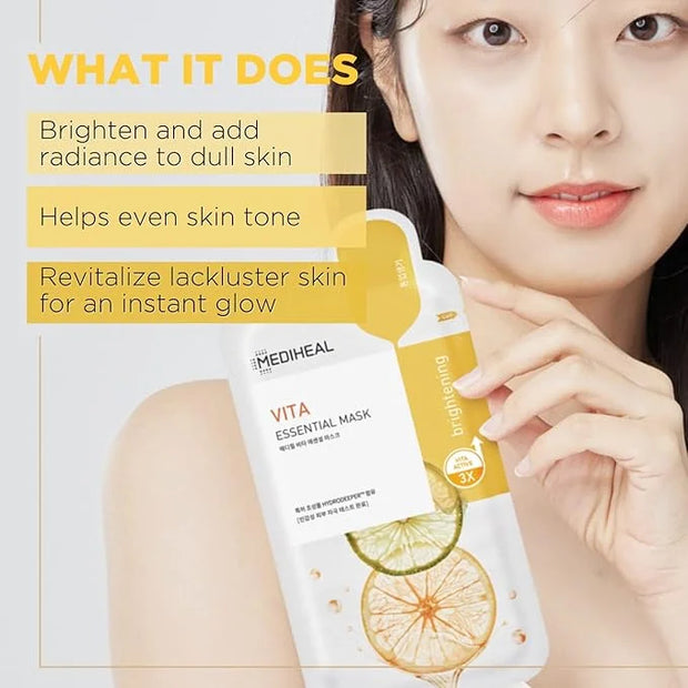 Mediheal Best Korean Sheet Mask - Vita Essential Face Mask 10 Sheets Vitamin Mask For All skin types Smoothing Tightening ...