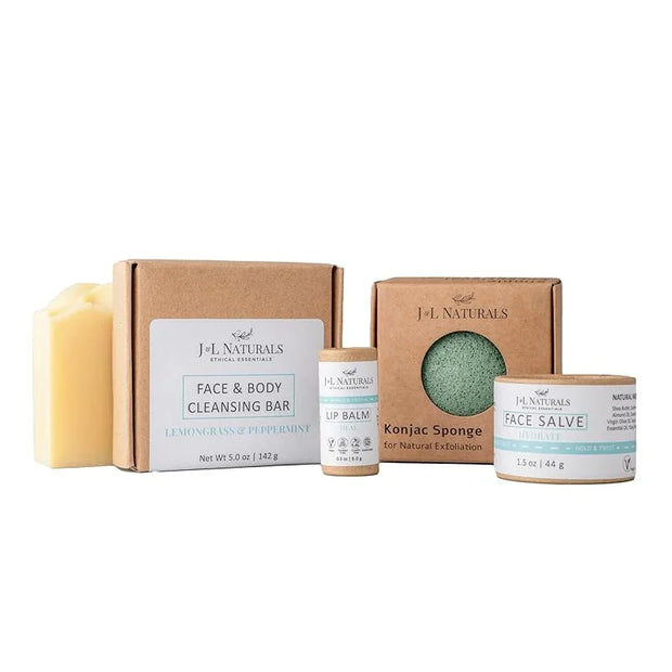 J&L Naturals Simple Skin Regimen Kit With Cleansing Bar, Face Salve, Konjac Sponge, Lip Balm | For Oily, Dry, Mature, and ...
