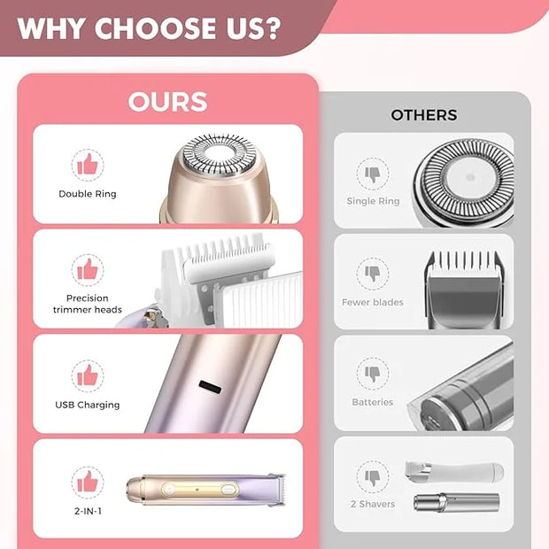 2 in 1 Bikini Trimmer for Women, Dual Head Electric Razor, IPX7 Waterproof Wet/Dry Use Women Electric Shaver, Painless Bod...