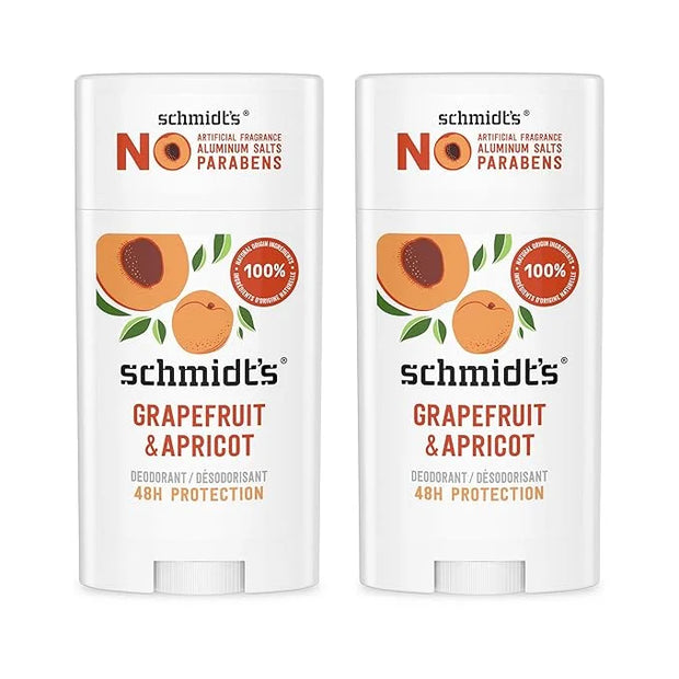 Schmidt's Aluminum-Free Vegan Deodorant Grapefruit & Apricot with 24-Hour Odor Protection, 2 Count for Women and Men, Natu...