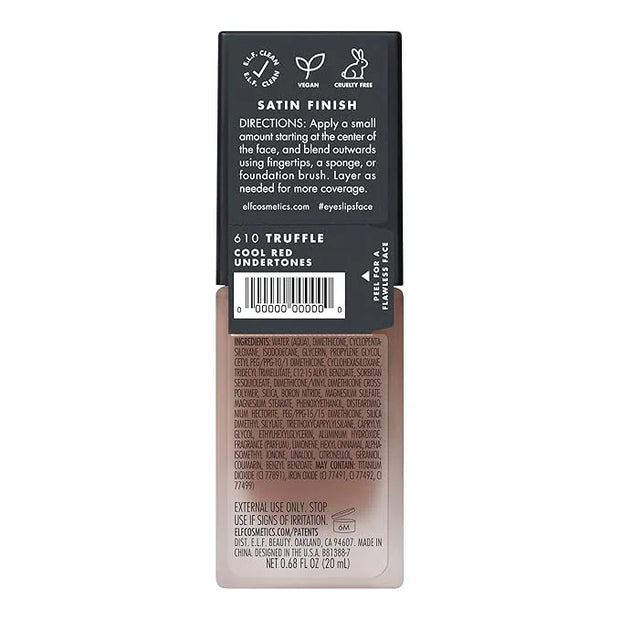 e.l.f. Flawless Satin Foundation, Lightweight & Medium Coverage, Semi-Matte Finish, Vegan & Cruelty-Free, Truffle, 0.68 Fl...