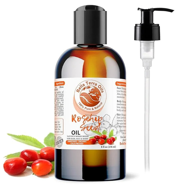 Bella Terra Oils Organic Rosehip Oil for Face, Pure Cold-Pressed Rose Hip Seed Oil for Skin & Hair, Natural Moisturizer & ...