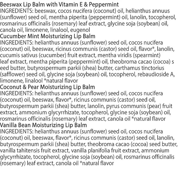 Burt's Bees Lip Balm - Beeswax, Cucumber Mint, Coconut & Pear, and Vanilla Bean Pack, With Responsibly Sourced Beeswax, Ti...