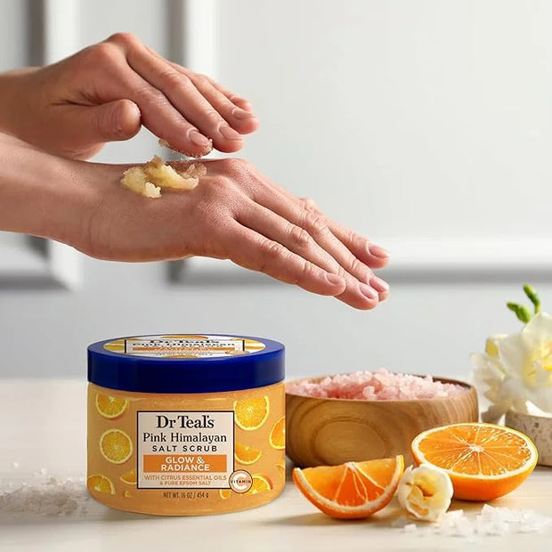 Dr Teal's Pink Himalayan Salt Body Scrub, Glow & Radiance with Pure Epsom Salt & Citrus Essential Oils 16 oz (Pack of 3) -...