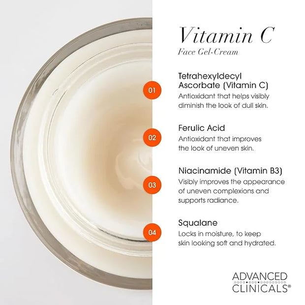 Advanced Clinicals Brightening Vitamin C Body Cream + Potent Vitamin C Face Moisturizer Gel Cream 2pc Skincare Set For Wom...