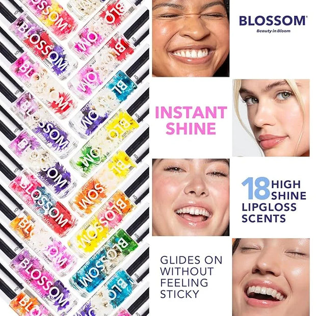 Blossom Roll on Lip Gloss, Scented Clear High Shine Moisturizing Lip Oil, Non Sticky, Infused with Real Flowers, Made in U...