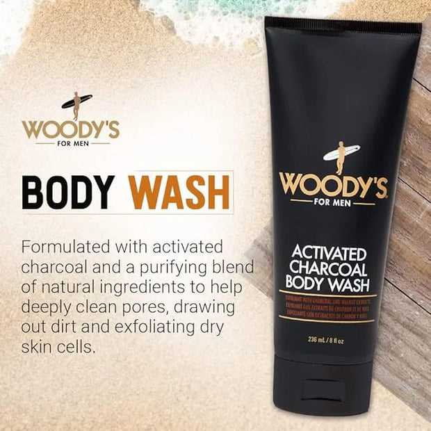 Woody's Activated Charcoal Body Wash for Men - Deep Cleansing, Exfoliating Face & Body Wash, Hydrating Formula with Walnut...