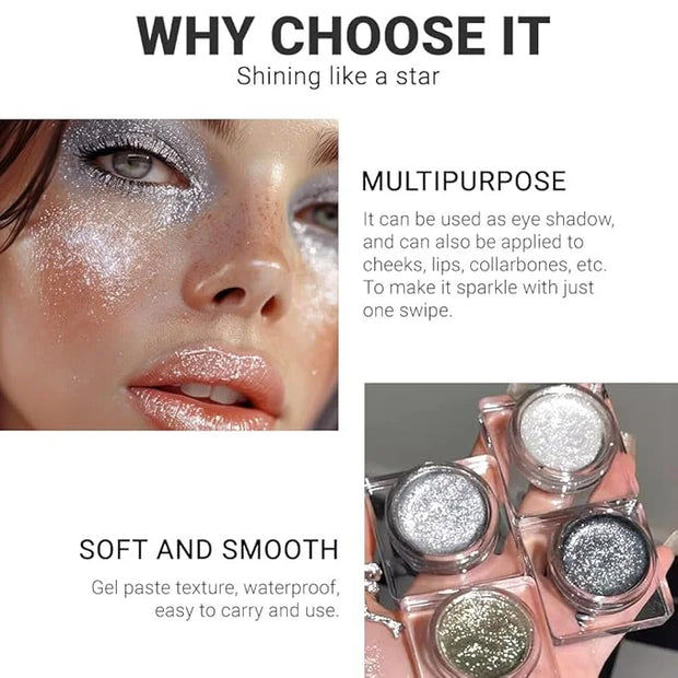 Single Glitter Eyeshadow, Shimmer Eyeshadow Palette, Korean Eye Glitter Makeup, Ultra-Blendable, Sparkle Silver Eye Shadow...