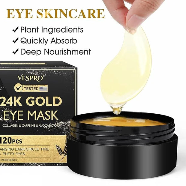 VESPRO 120 PCS 24K Gold Under Eye Patches for Dark Circles and Puffy Eyes, Eye Mask With Collagen and Hyaluronic Acid for ...