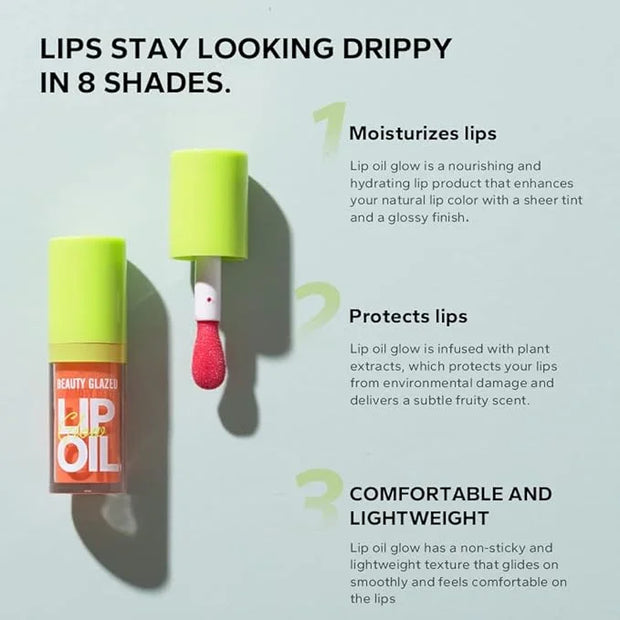Beauty Glazed Big Brush Head Lip Oil, Ultra-Hydrating & Nourishing, Smooth Glossy Finish Lip Glow Oil, Shiny and Vegan Tin...
