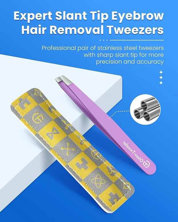 Expert Slant Tip Tweezers with Leather Case, GlamTweeler Sharp & Precision Stainless Steel Tweezer for Eyebrows, Facial Ha...