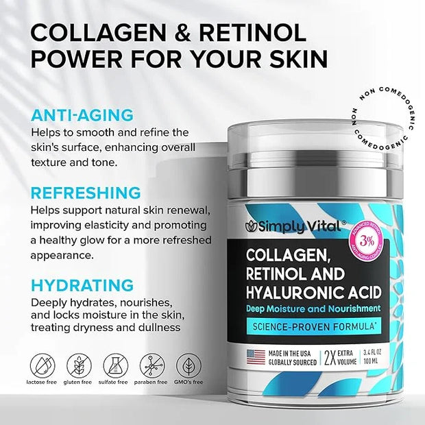 SimplyVital Collagen, Retinol & Hyaluronic Acid Cream - Anti-Aging Retinol Cream for Face, Neck & Décolleté - Made in USA ...