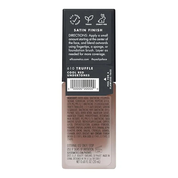 e.l.f. Flawless Satin Foundation, Lightweight & Medium Coverage, Semi-Matte Finish, Vegan & Cruelty-Free, Truffle, 0.68 Fl...