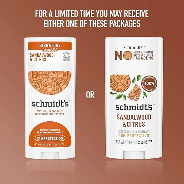 Schmidt's Aluminum-Free Vegan Deodorant Sandalwood & Citrus 4 Count for Women and Men, with 24 Hour Odor Protection, Natur...