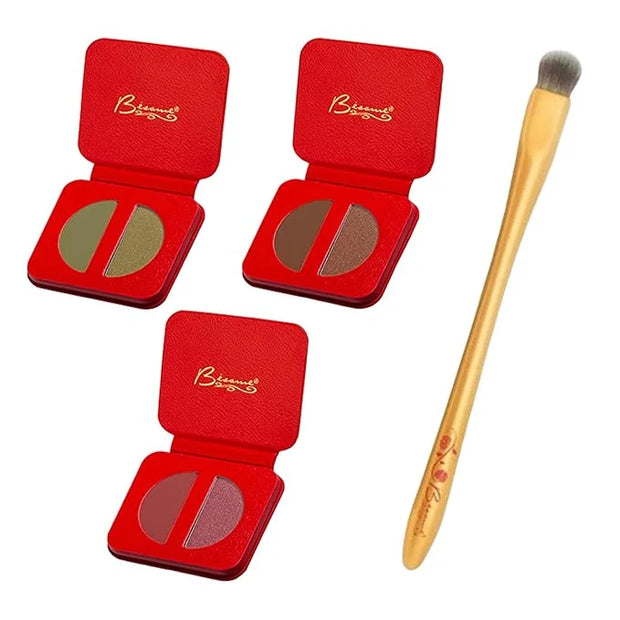 BESAME 3 Eyeshadow Duo & Shadow Brush Set – Socialite Brown, Pistachio, Plum Dandy – Ultra-Blendable Matte & Shimmer with ...