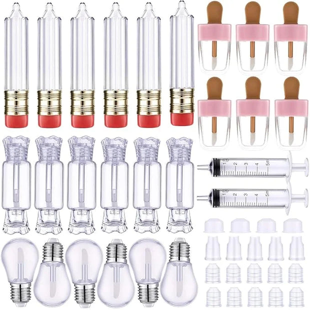 28 Pieces Transparent Empty Lip Gloss Tube Containers, Include 24 Pencil and Candy Shaped Oil Bottles, Ice Cream Funny Lig...