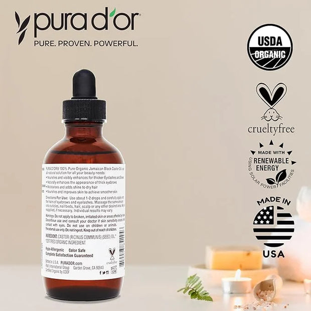 PURA D'OR 4 Oz ORGANIC Jamaican Black Castor Oil - Natural Smoky Scent - w/ 2 BONUS Empty Brushes - 100% Pure USDA Certifi...