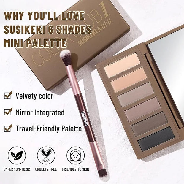 6 Colors Mini Naked Eyeshadow Makeup Palette with Brush Neutral Nude Smoky Eye Shadow Taupe & Brown Matte Make Up Pallet w...