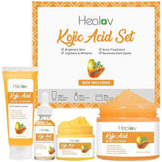 Kojic Acid Skincare Set – Kojic Soap Cleanser, Exfoliating Body Scrub, Face Cream & Brightening Facial Serum – Skin Bright...