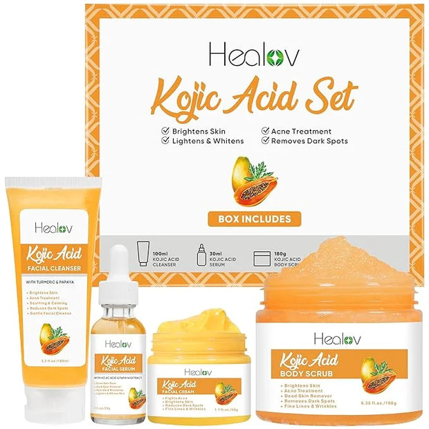 Kojic Acid Skincare Set – Kojic Soap Cleanser, Exfoliating Body Scrub, Face Cream & Brightening Facial Serum – Skin Bright...