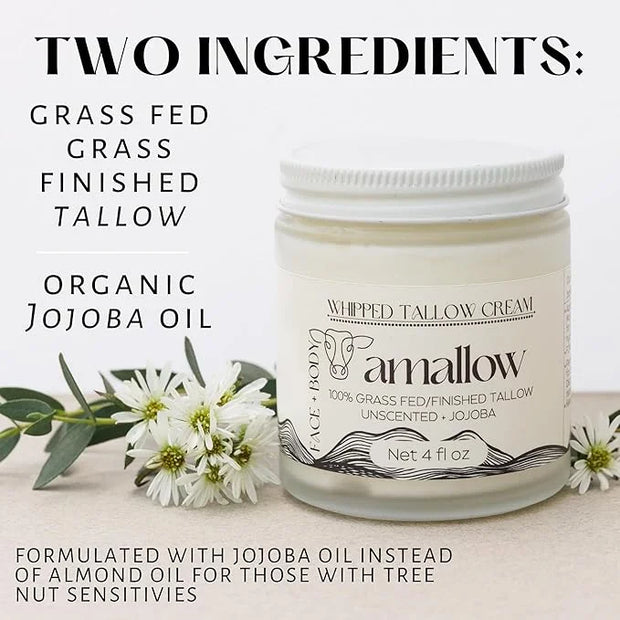 100% Grass Fed Beef Tallow for Skin Care - Face + Body - Whipped Moisturizer for Sensitive Skin - Natural Lotion, 4 FL. oz...