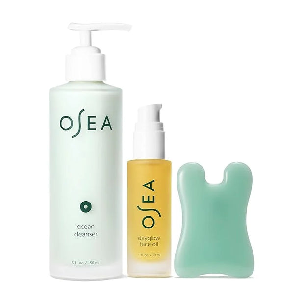 OSEA Glow & Go Facial Full Size Set - Includes Full Size Ocean Facial Cleanser (5oz), DayGlow Face Oil (1oz), Gua Sha Scul...