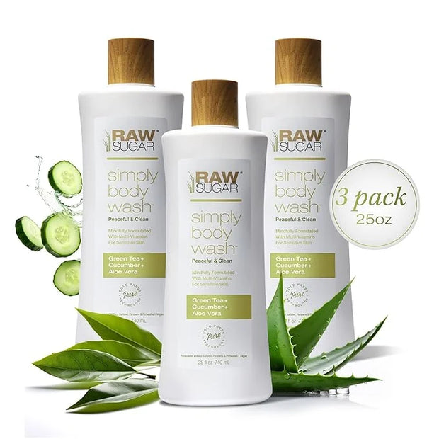 RAW SUGAR Sensitive Skin Simply Body Wash - Green Tea + Cucumber + Aloe Vera, Moisturizing & Brightening Bath & Shower Gel...