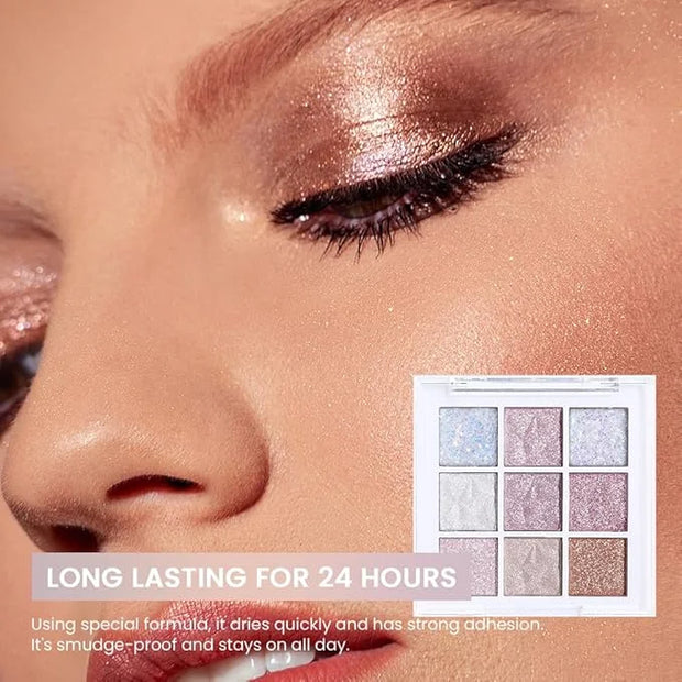 Pink White Glitter Shimmer Sparkle Eye Shadow Palette, Warm Pastel 9 Colors Sparkle eyeshadow Palette Makeup,Colorful Long...