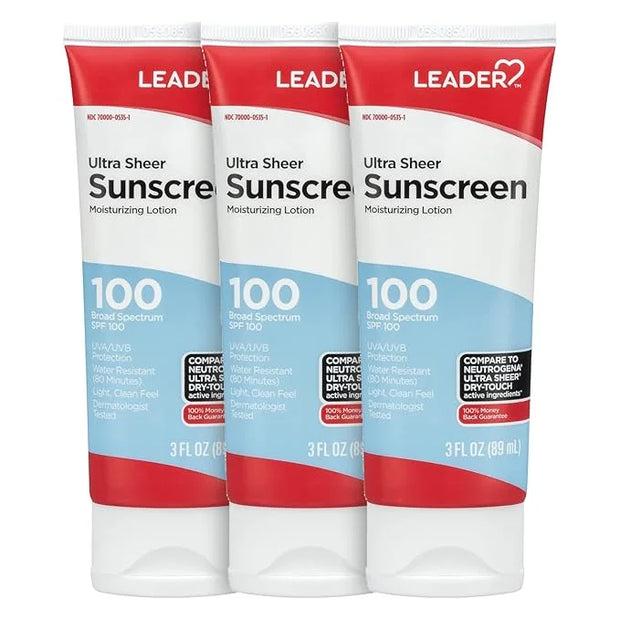 Leader Travel Sunscreen SPF 100+, Ultra Sheer Dry-Touch Water Resistant and Non-Greasy Lotion with Broad Spectrum SPF 100+...