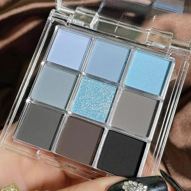 9 Colors Blue Grey Highly Pigmented Colorful Eyeshadow Palette,Matte Shimmer Navy Blue Sky Blue Grey Eye Shadow Makeup Pal...