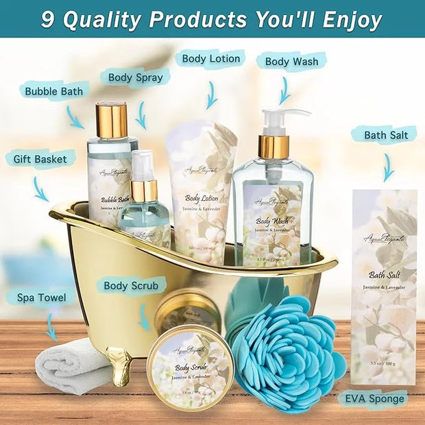 Spa Gift Baskets For Women - Luxury Bath Set With Jasmine & Lavender - Spa Kit Includes Body Wash, Bubble Bath, Lotion, Ba...