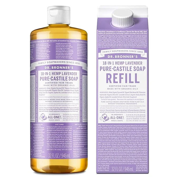 Dr. Bronner's Pure-Castile Liquid Soap Bottle & Refill Carton - Made with Regenerative Organic Certified Oils, 82% Less Pl...
