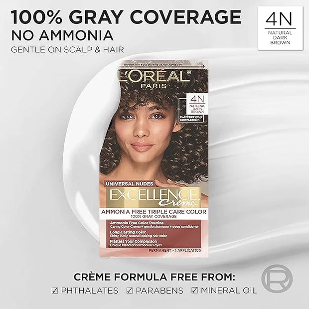 L’Oreal Paris Excellence Universal Nudes Permanent Hair Color, Ammonia Free Hair Dye for Gray Hair Coverage, 4N Natural Da...