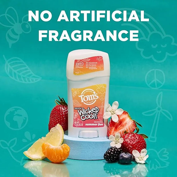 Tom's of Maine Aluminum-Free Wicked Cool! Natural Deodorant for Kids, Summer Fun, 1.6 oz. (Pack of 3) (Packaging May Vary)...