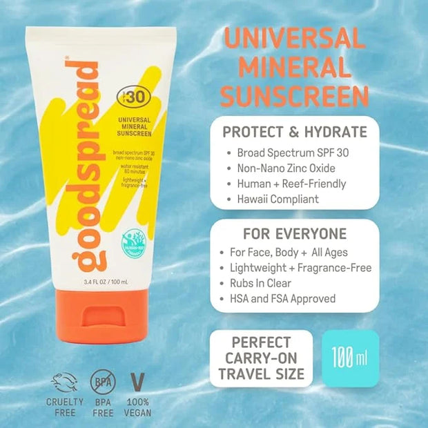 Goodspread Universal Mineral Sunscreen SPF 30 with Zinc Oxide | Reef Safe Hawaii Act 104 Compliant | Broad Spectrum Body +...
