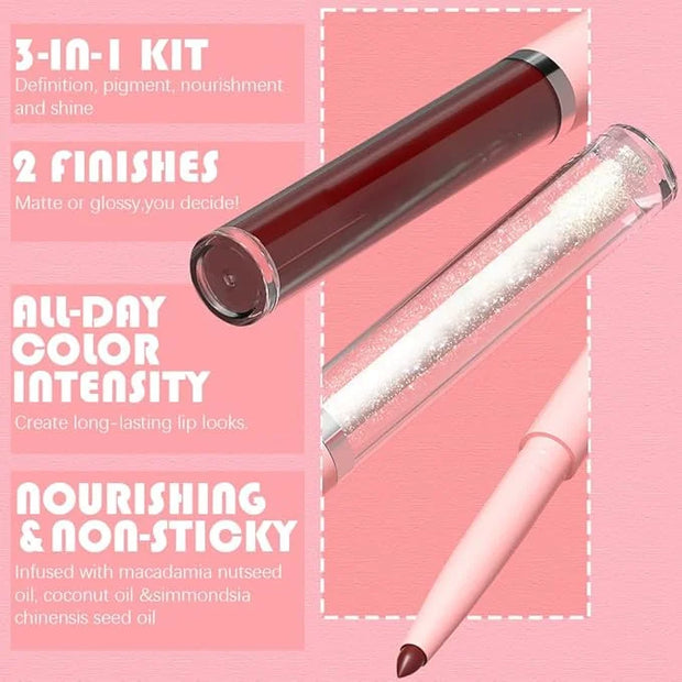 3-in-1Hocolate Brown Matte Lip Stain Kit | Waterproof Lip Liner + Hydrating Matte Lip Gloss + Nourishing Lip Oil | Long La...