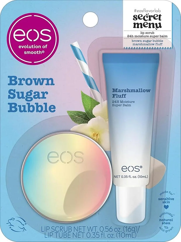 eos Flavor Lab Secret Menu Gift Set - Brown Sugar Boba Lip Scrub & 24H Moisture Super Balm, Limited-Edition Lip Treatment,...