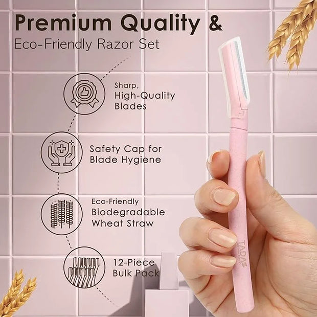 Biodegradable Wheat Straw Disposable Razors for Women – 12 Pack, Single-Color, Safety Cap – Facial & Eyebrow Razors for Un...