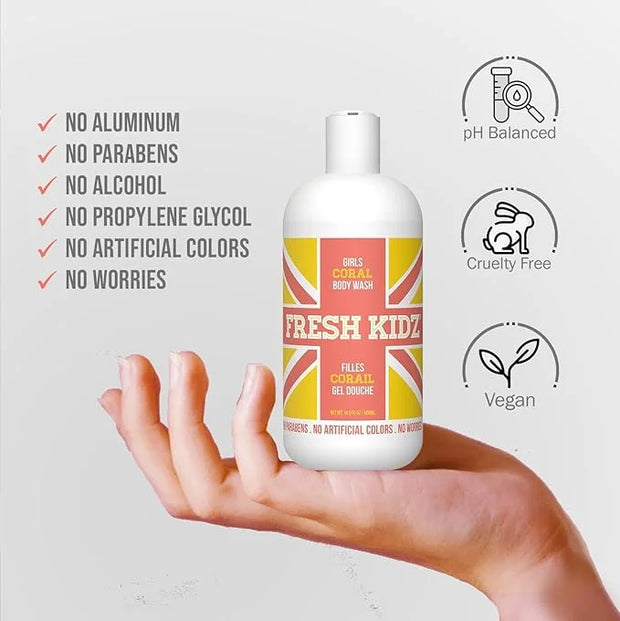 Fresh Kidz Body Wash 16.9 fl.oz. and 2 Roll-On Deodorants 1.86 fl.oz. for Kids and Teens - Girls Coral Set - Product Image