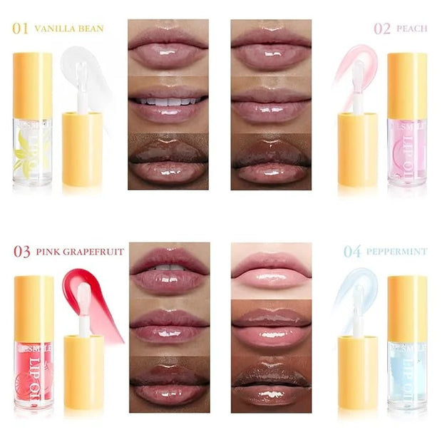 Hydrating Lip Oil, 4Pcs Plumping Lip Glow Oil Set, Fruit Extract Lip Oil Set Tinted for Dry Lip, Shiny and Moisturizing Tr...