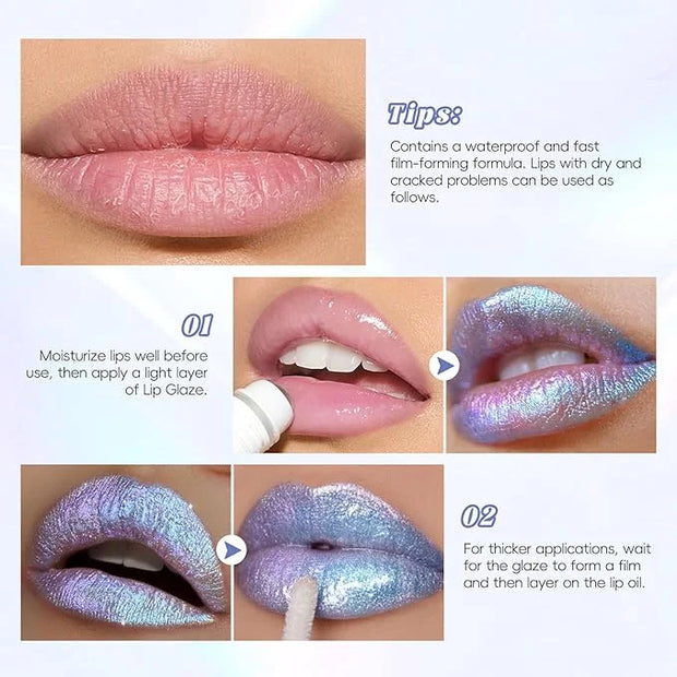 Blue Glitter Lip Gloss Liquid Lipstick, Diamond Shimmer Metallic Sparkly Iridescent Chameleon Lip Gloss Gift for Women, Lo...