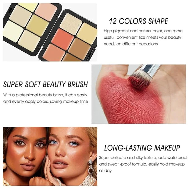 12 Colors Cream [Blush Contour Concealer Highlighter] Makeup Palette for Cheeks - All in One Makeup Palette Kit with Brush...