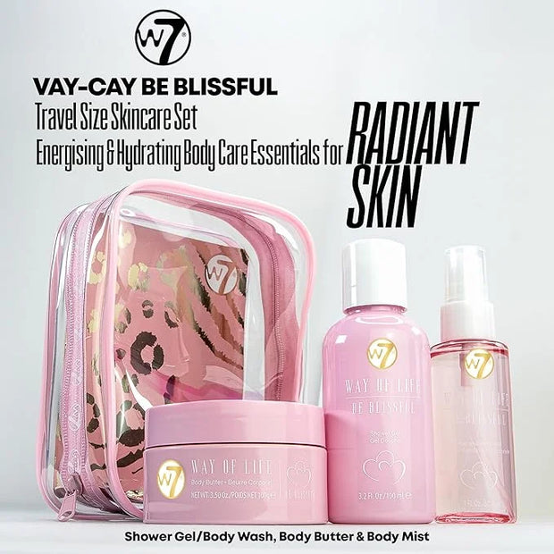 W7 VAY-CAY Be Blissful - Travel Size Skincare Set | Carry On Luggage Essentials: Shower Gel & Body Wash, Body Butter & Bod...